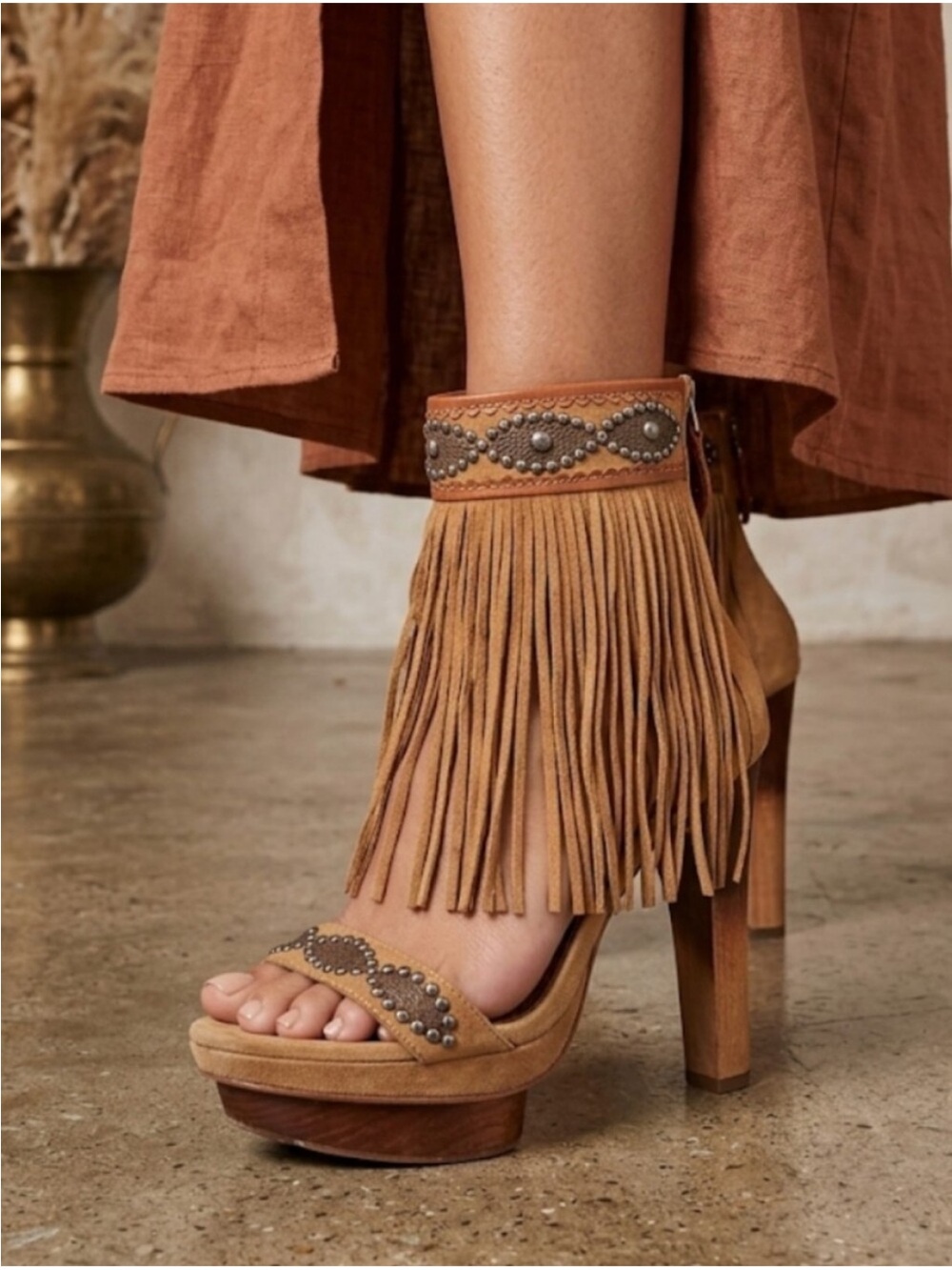 Sam Edelman Warren Fringe Boho Suede Heels Sandals Brown 9.5